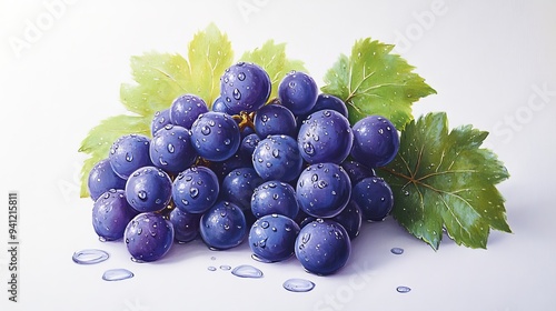 Wallpaper Mural Fresh, ripe blue grapes with leaves glisten with water droplets, forming a picturesque bunch on a pristine white canvas. Torontodigital.ca