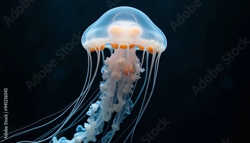 A translucent jellyfish with orange markings floats gracefully in the water.