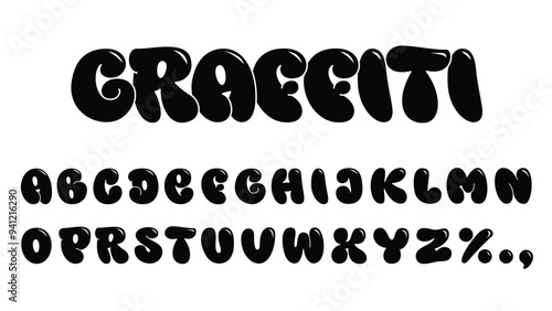 Classic bubble graffiti font. Hand drawn typeface, clean and simple shapes with outline and 3D effect. Vector illustration isolated on white background. Easy to use.