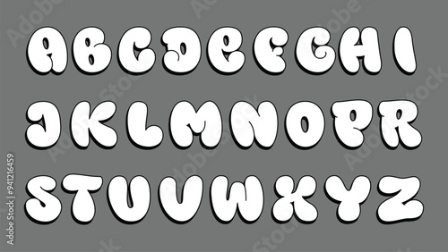 Retro bubble graffiti font. Hand drawn typeface, clean and simple shapes with outline and 3D effect. Each letter grouped and isolated on grey background