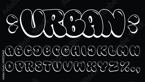 Classic bubble graffiti font. Hand drawn typeface, clean and simple shapes with outline and 3D effect. Vector illustration isolated on black background