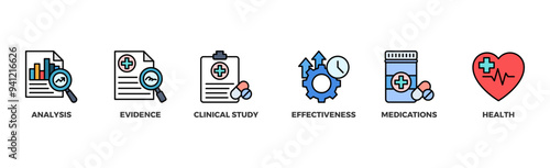 Clinical research banner web icon illustration concept with icon of analysis, evidence, clinical study, effectiveness, medications and health	