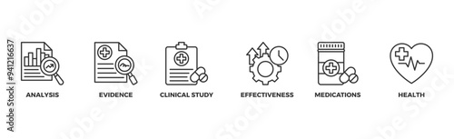 Clinical research banner web icon illustration concept with icon of analysis, evidence, clinical study, effectiveness, medications and health	