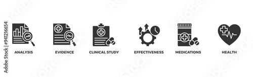 Clinical research banner web icon illustration concept with icon of analysis, evidence, clinical study, effectiveness, medications and health 