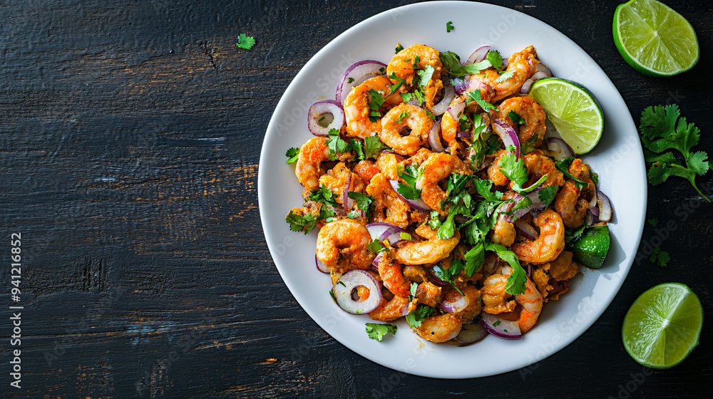 Spicy shrimp dish with cilantro, red onions, and lime wedges served on a rustic wooden table Spicy shrimp dish with cilantro, red onions, and lime wedges served on a rustic wooden table