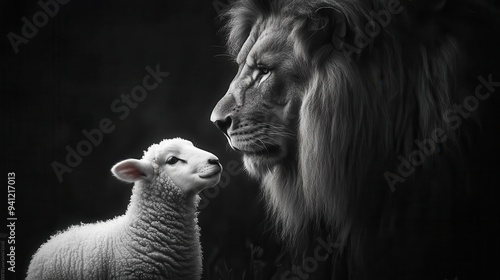 Obraz na płótnie majestic lion and gentle lamb side by side in dramatic black and white portrait powerful contrast symbolizing peace and unity w salonie