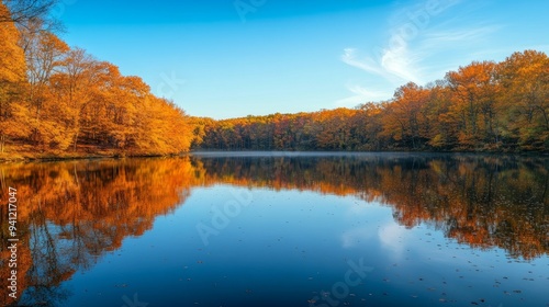 Golden leaves reflected in still lake waters create a serene autumn landscape.