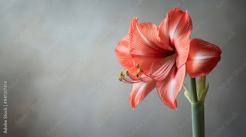 Graceful amaryllis captured against a soft gray backdrop, evoking festive cheer for Christmas greetings and messages of inspiration. Graceful amaryllis captured against a soft gray backdrop, evoking festive cheer for Christmas greetings and messages of inspiration.