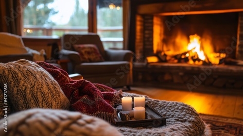 Wallpaper Mural A cozy living room with a fireplace, comfortable seating, and soft blankets, creating a warm and inviting space for relaxation. Torontodigital.ca