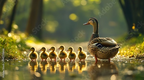 Fluffy ducklings in line behind their mother ideal for capturing the tender side of nature and family