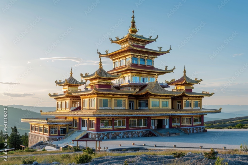 A large building with many windows sits atop a hill, offering panoramic views A large building with many windows sits atop a hill, offering panoramic views