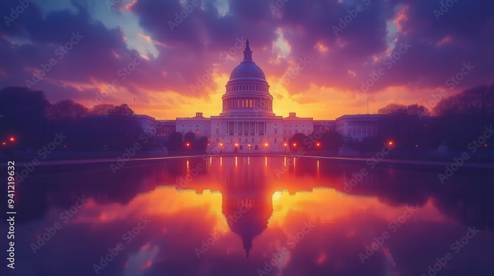 Obraz premium majestic us capitol building at dusk dramatic stormy sky golden hour lighting reflecting pool mirroring iconic dome symbol of democracy and power