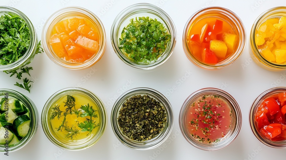 Various fresh food samples in jars, representing ingredients used in food allergy testing. Various fresh food samples in jars, representing ingredients used in food allergy testing.
