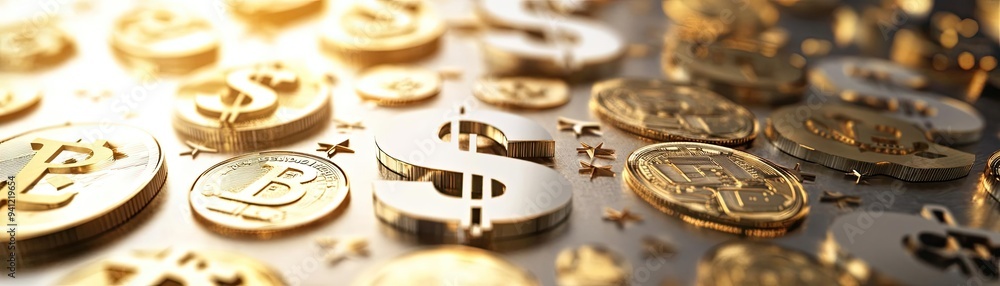 Close-up view of gold coins and dollar symbols reflecting wealth and currency, symbolizing prosperity and financial success. Close-up view of gold coins and dollar symbols reflecting wealth and currency, symbolizing prosperity and financial success.