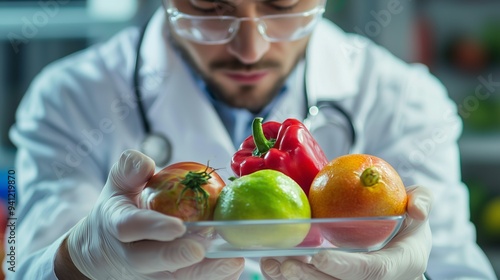 Doctor examining fresh fruits and vegetables for food sensitivity test.