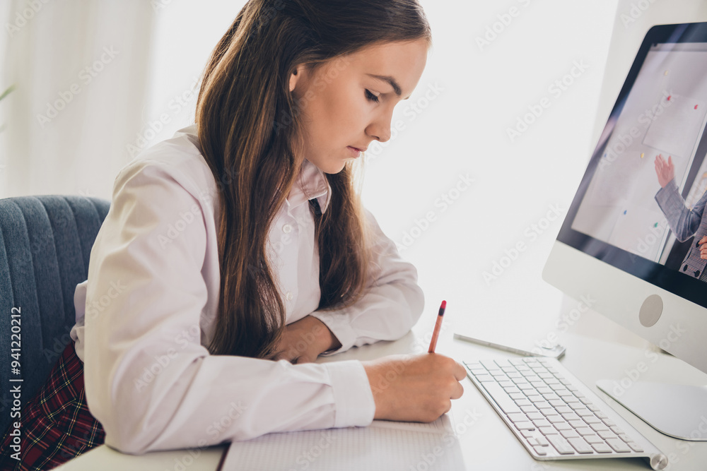 Photo portrait of cute adorable teen girl computer elearning do homework wear uniform remote lesson education from home indoors Photo portrait of cute adorable teen girl computer elearning do homework wear uniform remote lesson education from home indoors