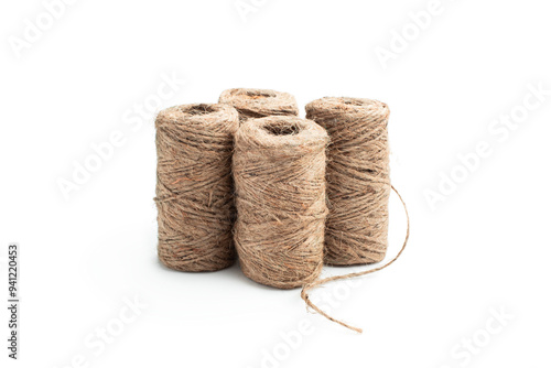 Hanks of jute twine isolated on white photo