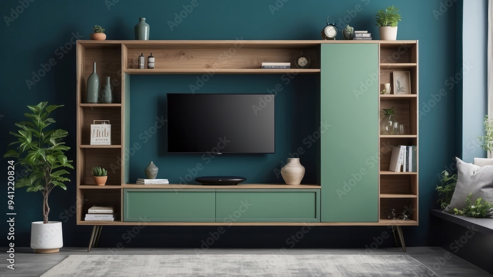 Modern Teal Living Room with Green Entertainment Unit and Shelving Modern Teal Living Room with Green Entertainment Unit and Shelving