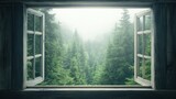 A serene view of a misty forest through an open window, inviting tranquility and a connection with nature.