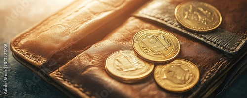 Close-up of a leather wallet with shiny gold coins, symbolizing finance, wealth, and savings in a soft light setting.