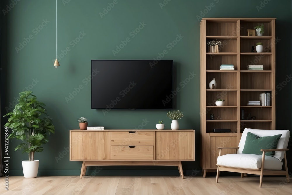 Modern Living Room with Green Wall, Wooden Furniture, and TV