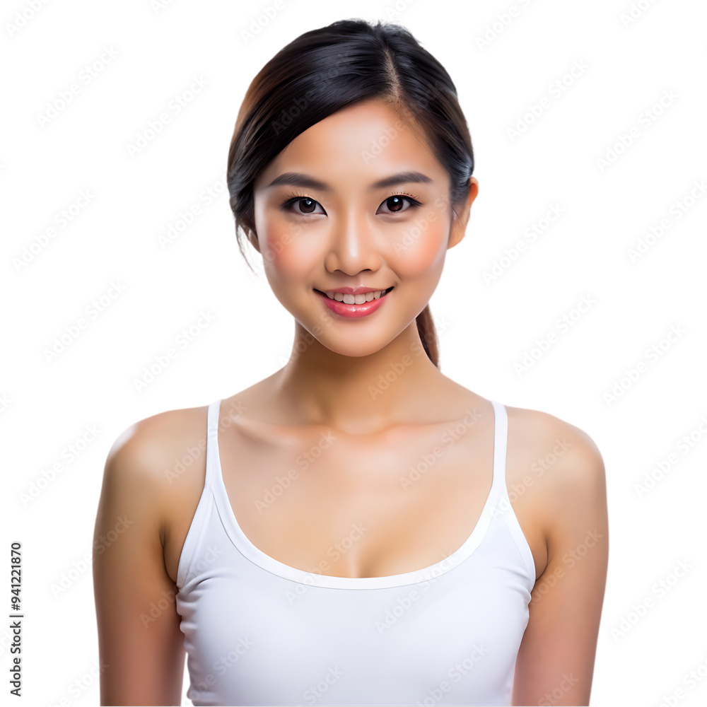 Smiling asian woman with fluttering smooth healthy brown hair holding hands on hips and looking at camera. Beautiful haircare model posing for hairstyle treatment products Smiling asian woman with fluttering smooth healthy brown hair holding hands on hips and looking at camera. Beautiful haircare model posing for hairstyle treatment products