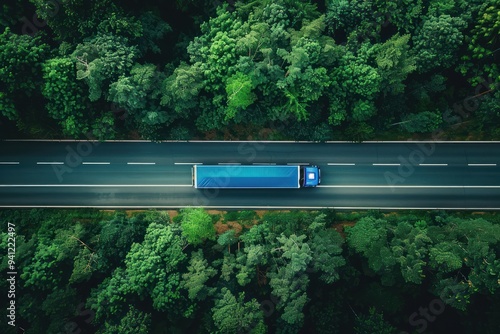 Aerial View of Truck on Road Through Forest