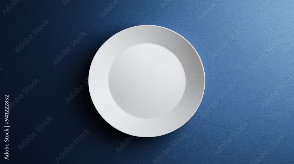 A white plate is sitting on a blue background A white plate is sitting on a blue background