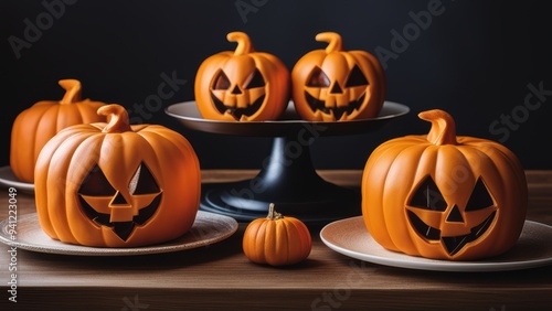 Halloween-themed cake collection with jack-o'-lantern designs on dark-toned plates. photo