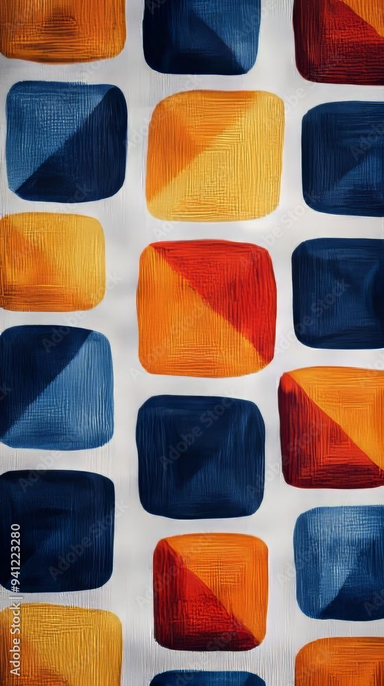A colorful abstract painting with blue, yellow, and red squares A colorful abstract painting with blue, yellow, and red squares