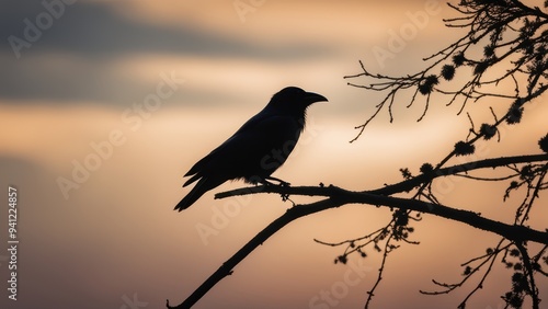 Black bird perched on bare tree branches at sunset surrounded by warm orange yellow and blue hues.