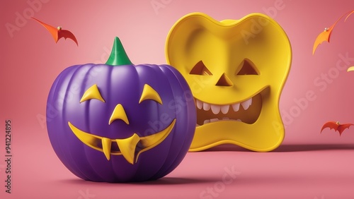 Colorful jack-o'-lanterns with glowing eyes surrounded by candy-textured pumpkins and floating in a pink-to-white gradient background.  photo