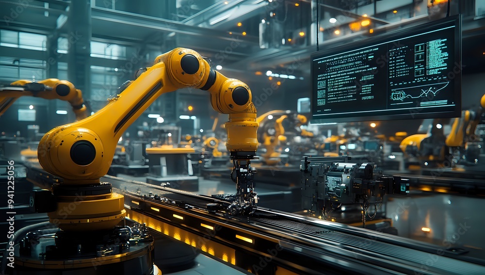 Automated Manufacturing: Robots Working on Assembly Line with Data Screen Display Automated Manufacturing: Robots Working on Assembly Line with Data Screen Display