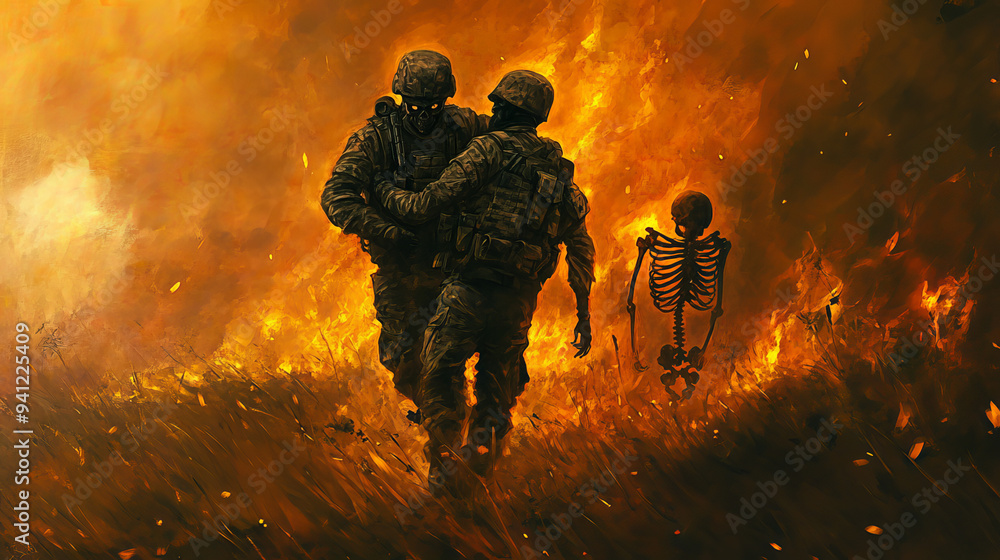 In a digital art illustration, a soldier carries his teammate through a field while facing a fire skeleton. --ar 16:9 --v 6.1 Job ID: a77be291-f2fe-4e75-b356-2ff8360583e6 In a digital art illustration, a soldier carries his teammate through a field while facing a fire skeleton. --ar 16:9 --v 6.1 Job ID: a77be291-f2fe-4e75-b356-2ff8360583e6