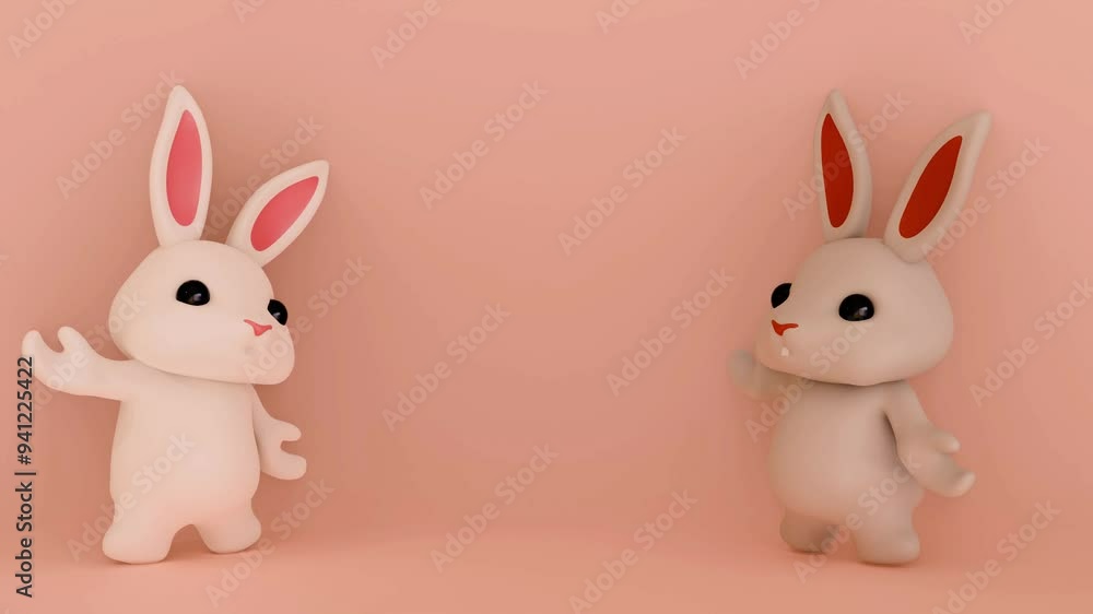 A 3d animation of greeting by cute white and grey rabbit isolated on the studio background