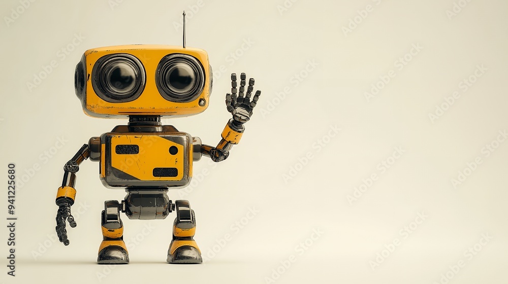 A cheerful yellow robot with large eyes waving, showcasing a friendly design. A cheerful yellow robot with large eyes waving, showcasing a friendly design.