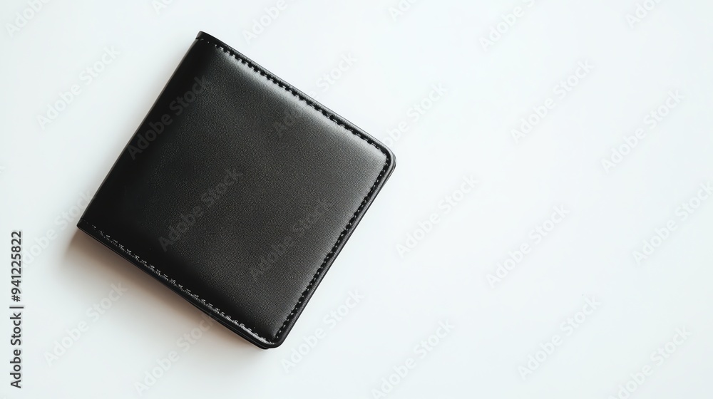 A black leather wallet on a white background. A black leather wallet on a white background.