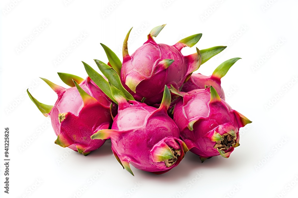 A cluster of vibrant pink dragon fruits with green leaves on a white background. A cluster of vibrant pink dragon fruits with green leaves on a white background.