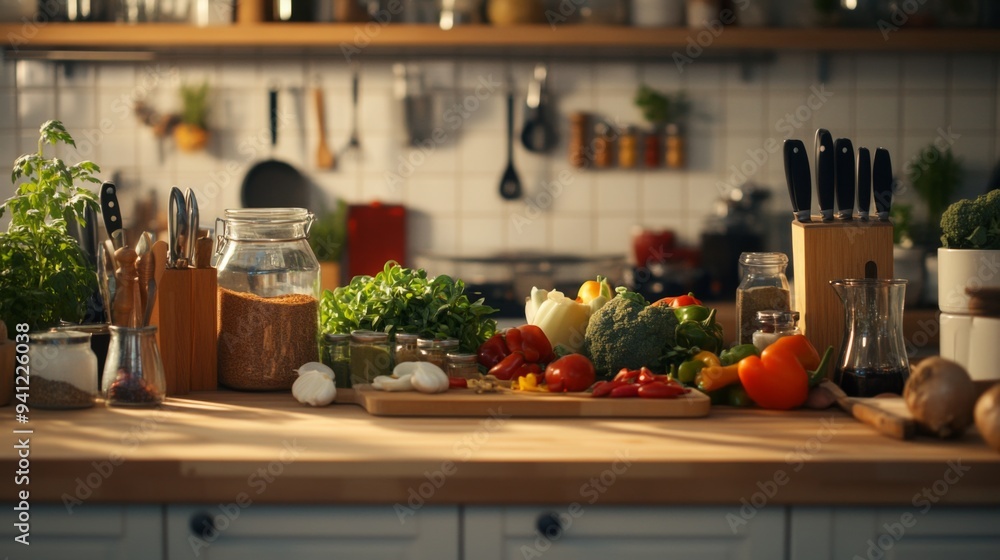 A detailed shot of a kitchen counter with various cooking ingredients, including vegetables, spices, and utensils, arranged for meal preparation. A detailed shot of a kitchen counter with various cooking ingredients, including vegetables, spices, and utensils, arranged for meal preparation.