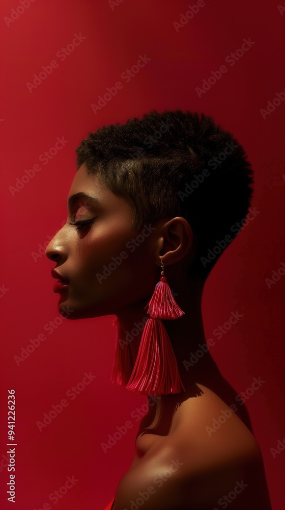 Radiant Woman with Short Natural Hairstyle in Red Backdrop Photo Radiant Woman with Short Natural Hairstyle in Red Backdrop Photo