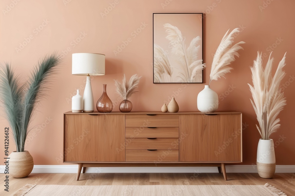 Mid-Century Modern Living Room Decor with Wooden Cabinet and Pampas Grass Mid-Century Modern Living Room Decor with Wooden Cabinet and Pampas Grass