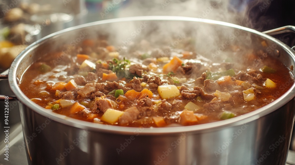 A detailed shot of a large stock pot filled with a hearty stew, with ingredients like vegetables and meat visible, and steam rising from the pot. A detailed shot of a large stock pot filled with a hearty stew, with ingredients like vegetables and meat visible, and steam rising from the pot.