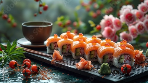 Exquisite Sushi Platter with Rolls, Sashimi, Nigiri, and Green Tea