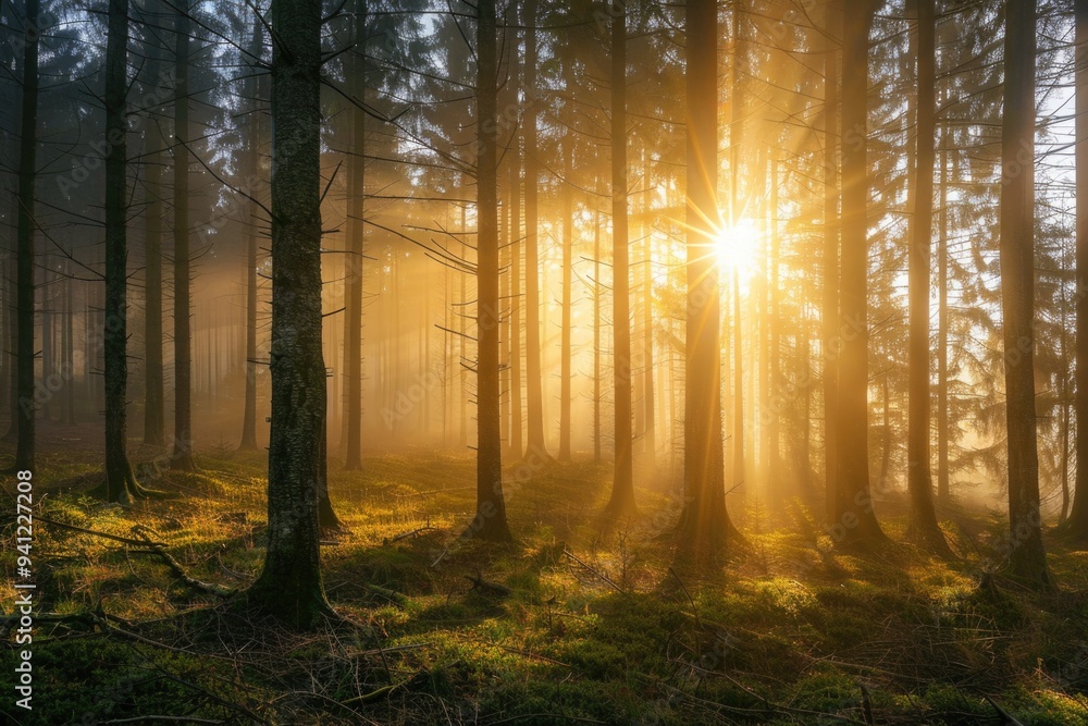 Fototapeta premium A serene scene of sunlight peeking through the leafy canopy in a forest, perfect for nature-inspired backgrounds or illustrations
