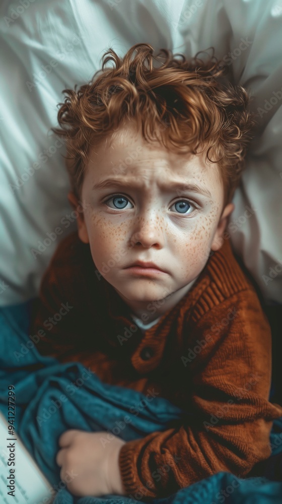 Thoughtful Young Boy with Curly Red Hair and Piercing Blue Eyes Thoughtful Young Boy with Curly Red Hair and Piercing Blue Eyes