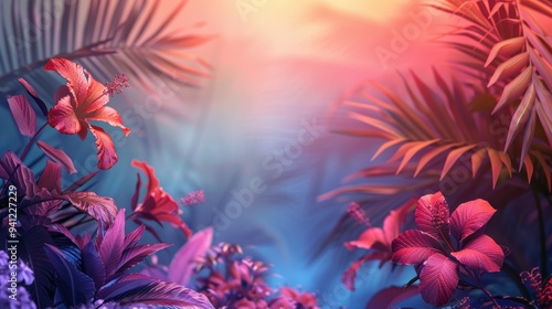 Abstract summer background with vivid tropical flowers and gradient skies, lush and colorful