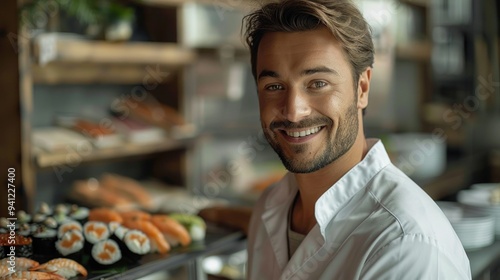 A man receiving a sushi delivery from a courier at his office