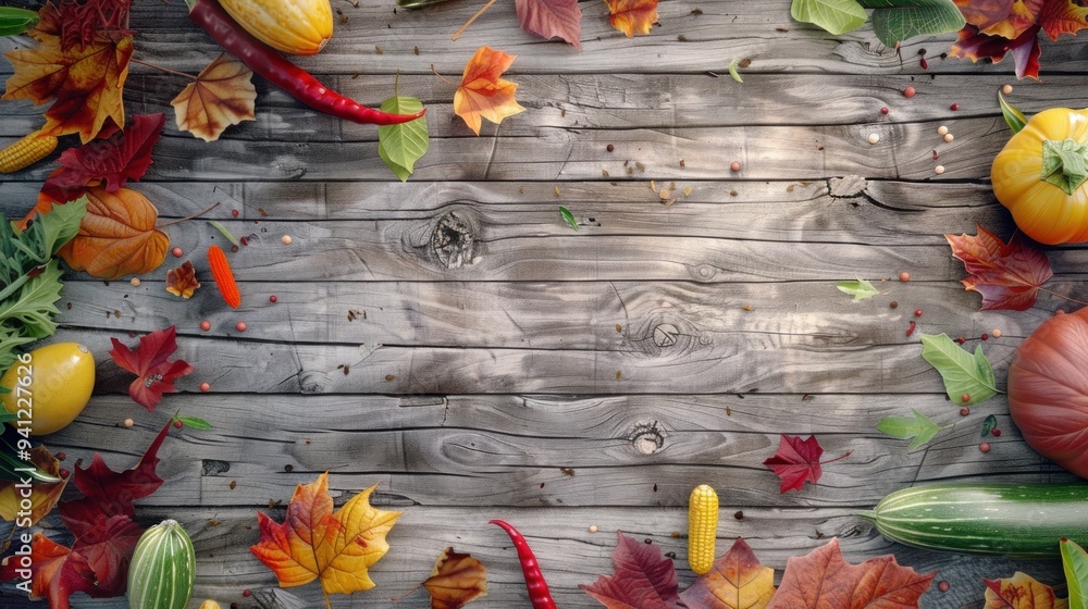 Fototapeta premium Abstract autumn background with a scattering of colorful leaves and seasonal vegetables on a rough wooden backdrop