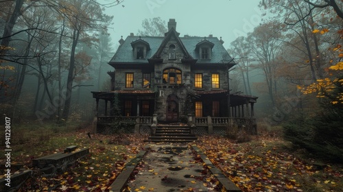 Abandoned old mystical house with broken windows and a creaky porch, creating an ominous atmosphere