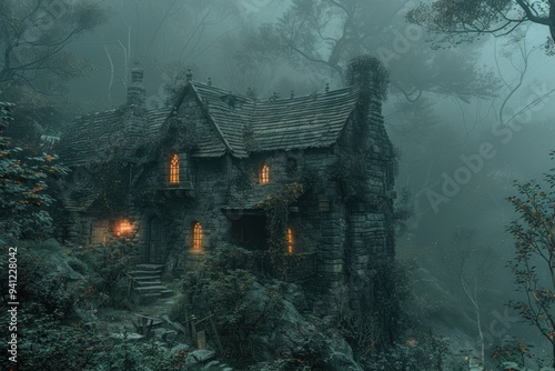Hauntingly Beautiful Mystical House with Glowing Windows in a Dense Forest